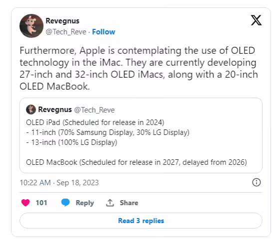 消息称苹果正在测试 27/32 英寸 OLED iMac 以及 20 英寸的 OLED MacBook